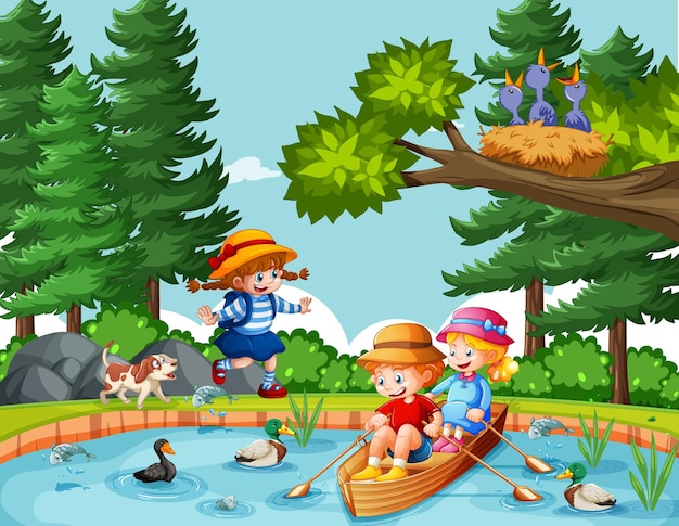 Children row the boat in the stream forest scene