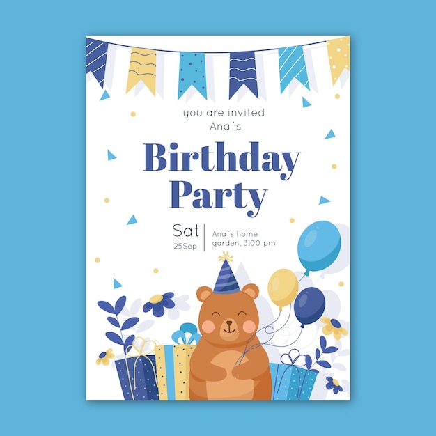 Children's birthday invitation template with bear and balloons