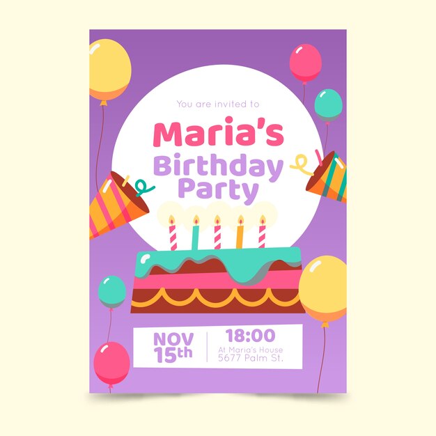 Children's birthday invitation template with cake