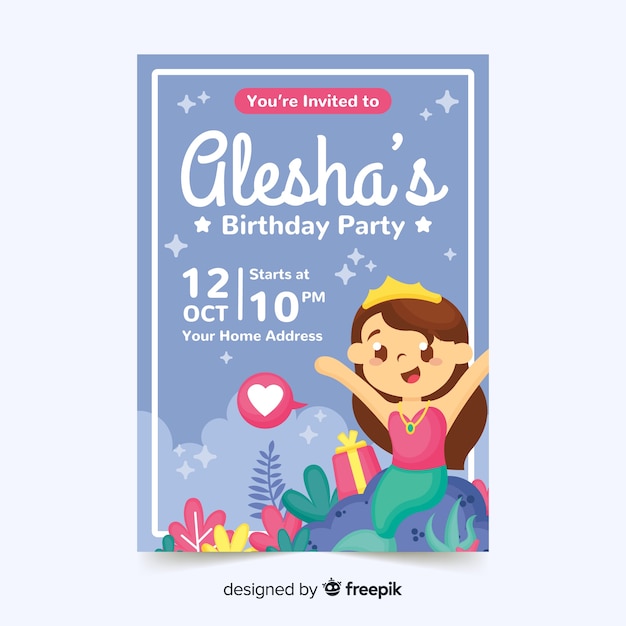 Children's birthday invitation template with mermaid