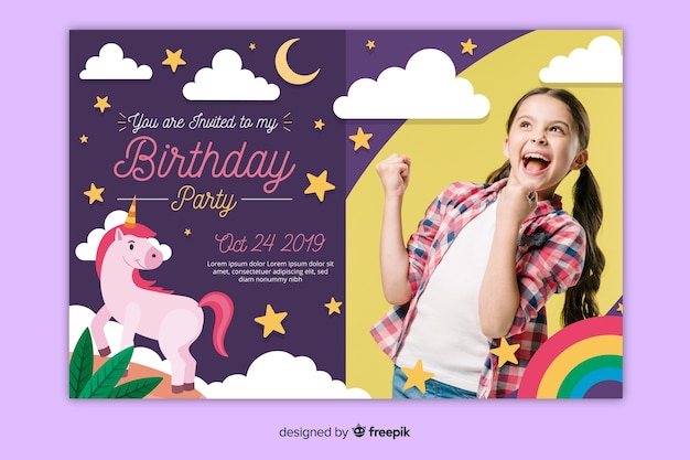 Free Vector children's birthday invitation template with pic