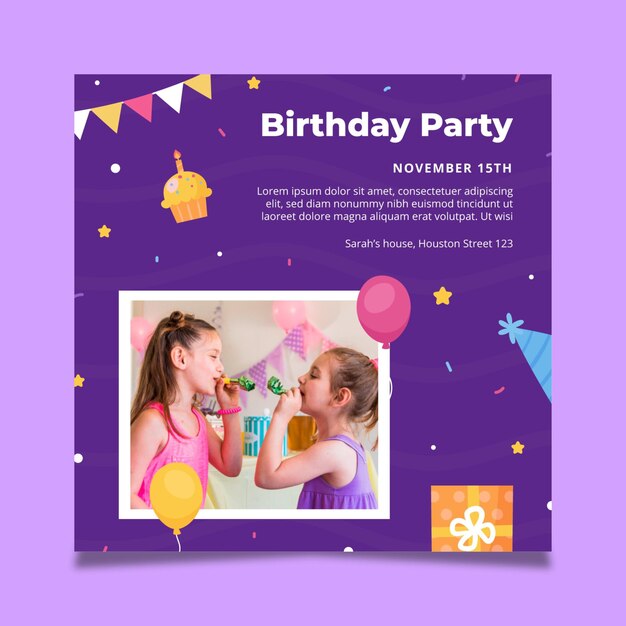 Children's birthday square flyer template