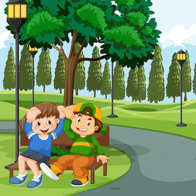 Children sitting on park bench