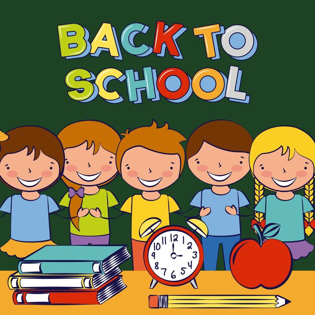 Children smiling on classroom with school elements on desk, Back to school