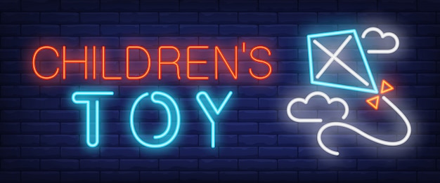 Children toy neon text with flying kite