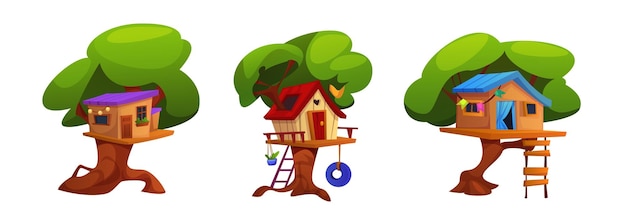 Free Vector children treehouse with ladder and tire swing