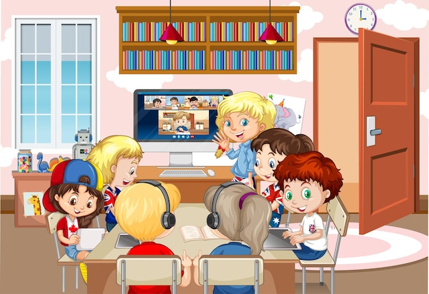 Free Vector children using laptop for communicate video conference with teacher and friends in the room scene