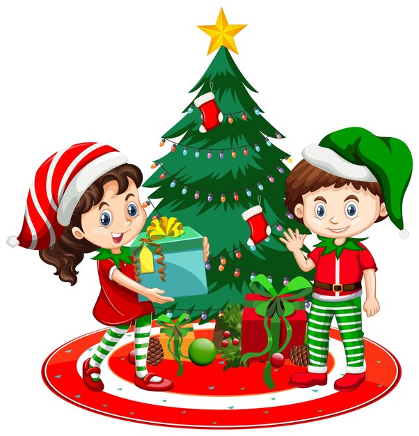 Children wear Christmas costume cartoon character with Christmas tree on white background