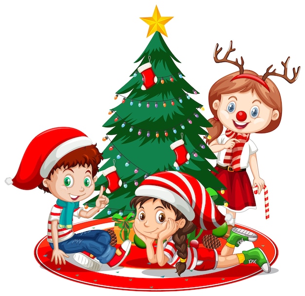 Children wear Christmas costume cartoon character with Christmas tree