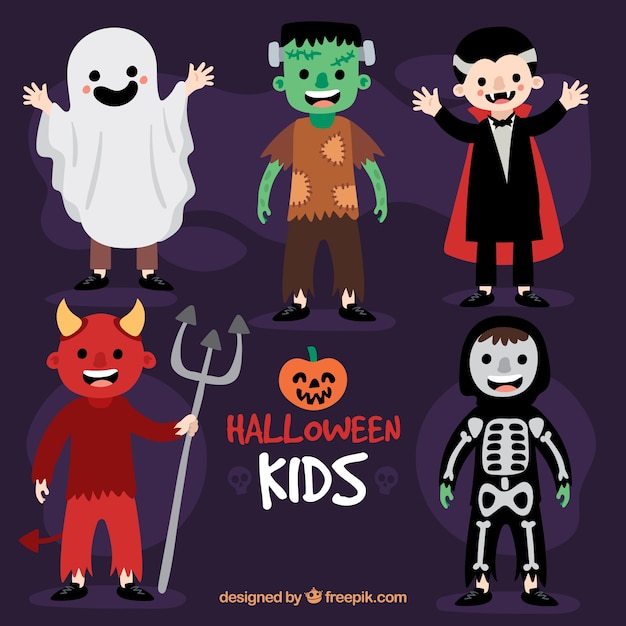 Children wearing costumes of typical halloween characters