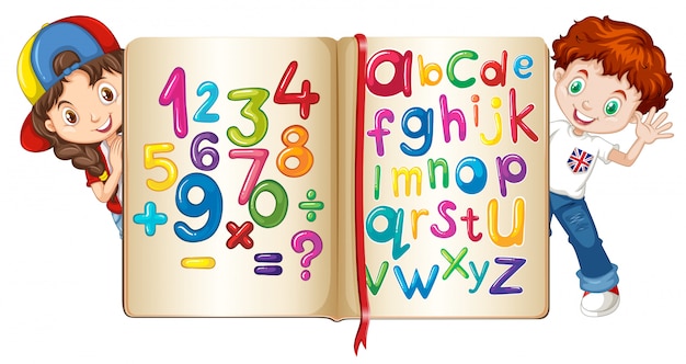 Children with book of numbers and alphabets