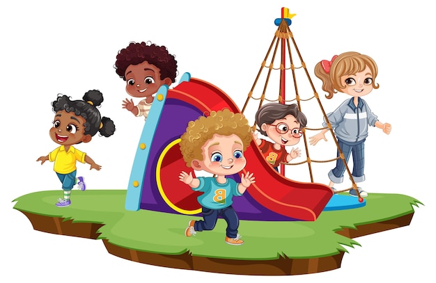 Free Vector children with different race playing at the playground slide