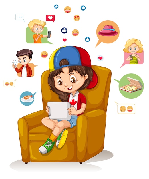 Children with social media elements on white background