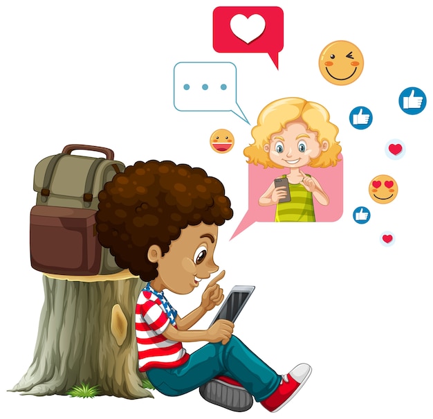 Free Vector children with social media elements on white background