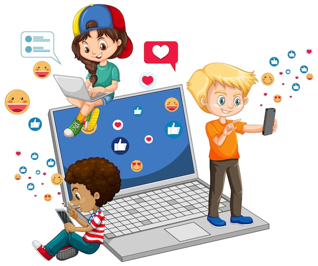 Free Vector children with social media elements on white