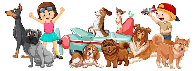 Children with their dogs in cartoon style