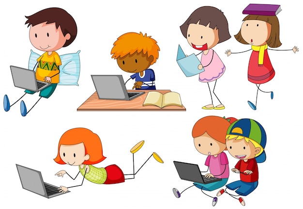 Free vector children working on computer laptop