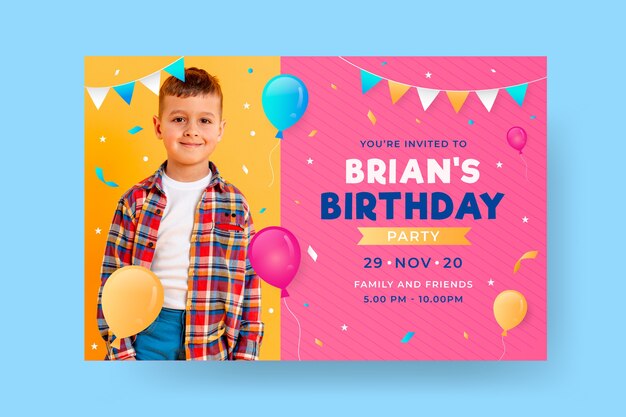 Childrens birthday invitation template with photo