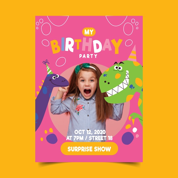 Free Vector childrens birthday invitation template with photo