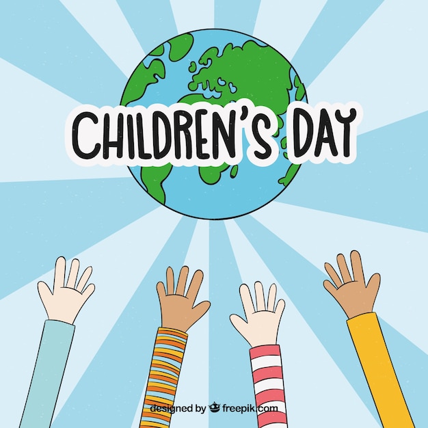 Free vector childrens day design with hands reaching out for globe