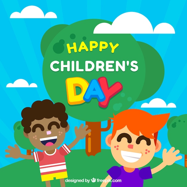 Childrens day design with kids on hill