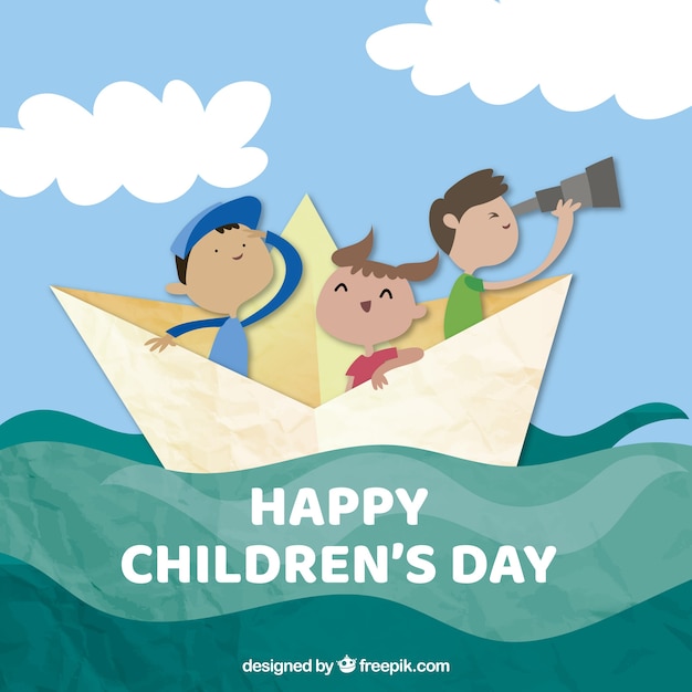 Childrens day design with paper boat