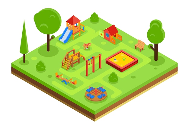 Childrens playground in isometric flat style. Kindergarden with sandpit carousel bench. Vector illustration