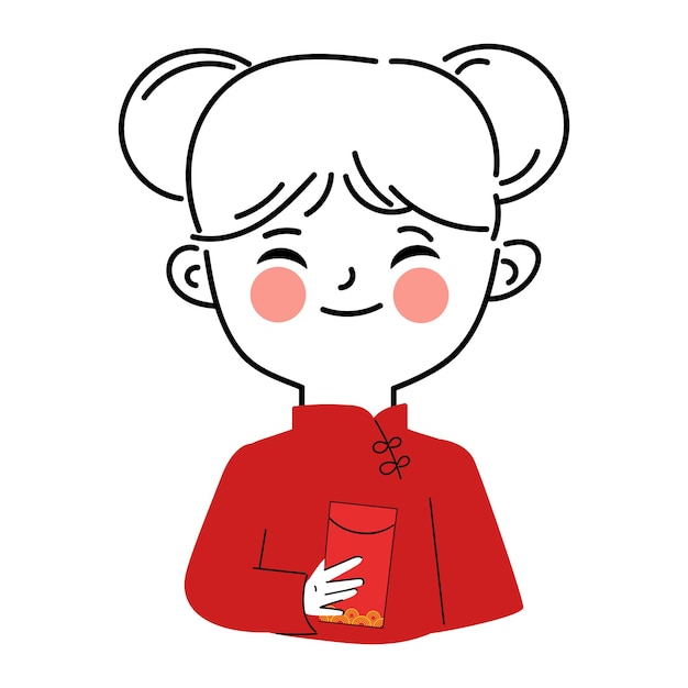 Chinese celebrating new year hand drawn cute girl portrait with traditional clothing