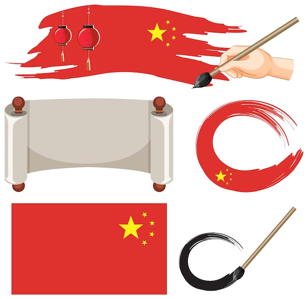 Free vector chinese flag symbol with ink brush set