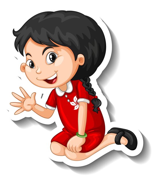 Chinese girl waving hand cartoon character