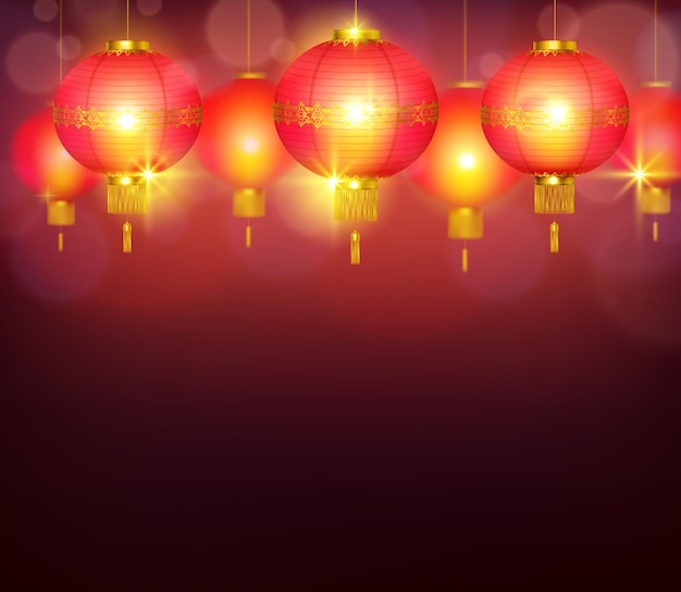 Free Vector chinese lanterns burning with bright light and illuminating red background