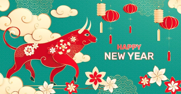 Chinese new year composition with editable text and asian style image of bull with flowers lanterns illustration