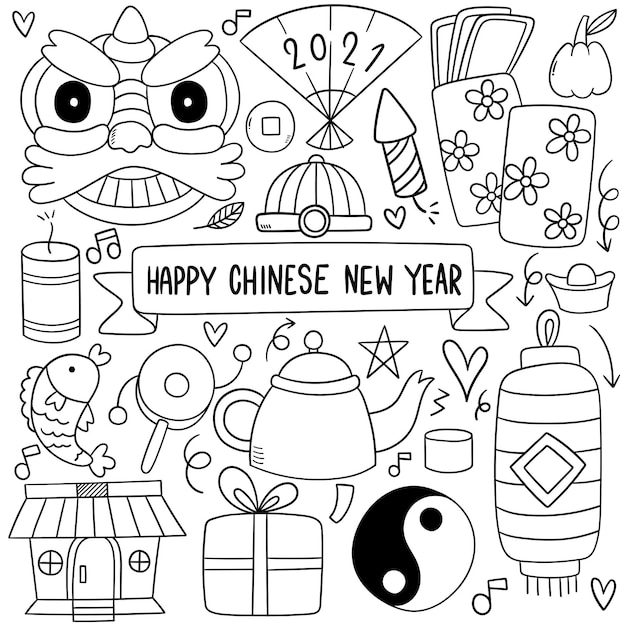 Chinese new year with icon doodle style