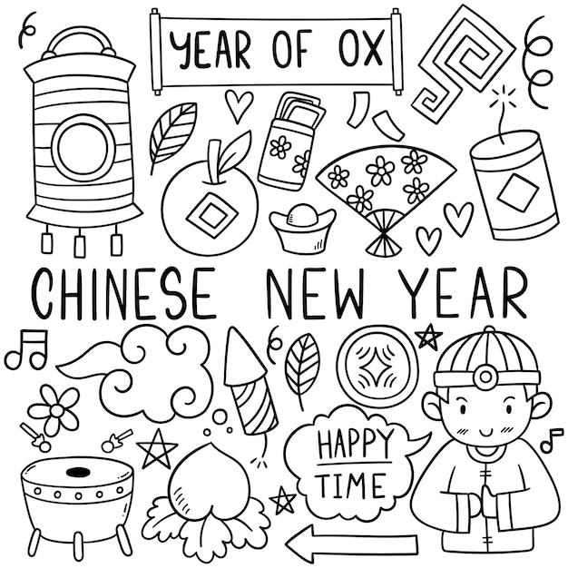 Chinese new year with icon doodle style