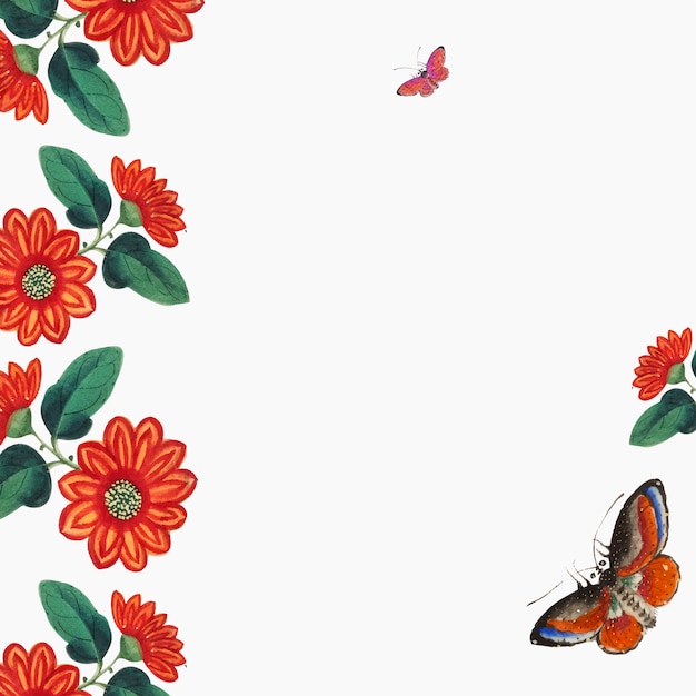 Free vector chinese painting featuring flowers and butterflies wallpaper