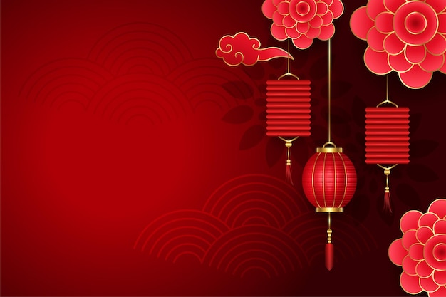 Free vector chinese red background with flowers and lanterns