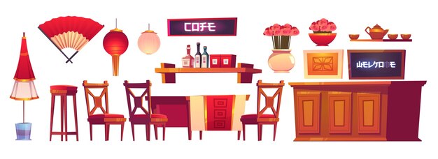 Chinese restaurant interior with wooden bar counter, chairs and table.