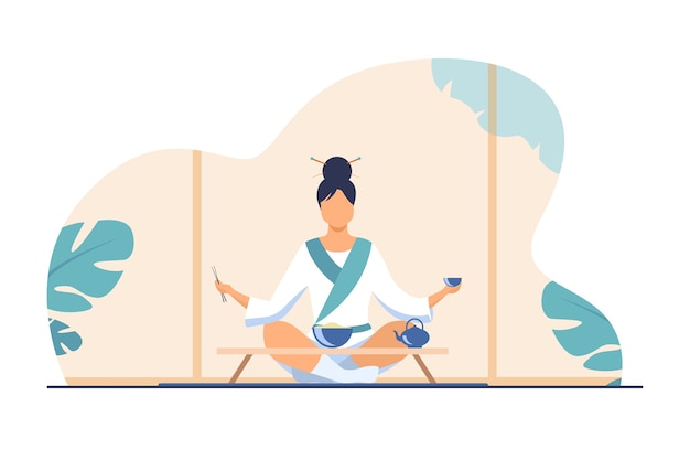 Free Vector chinese woman sitting at small table and eating. tea, rice, chopstick flat vector illustration. tradition and nation concept