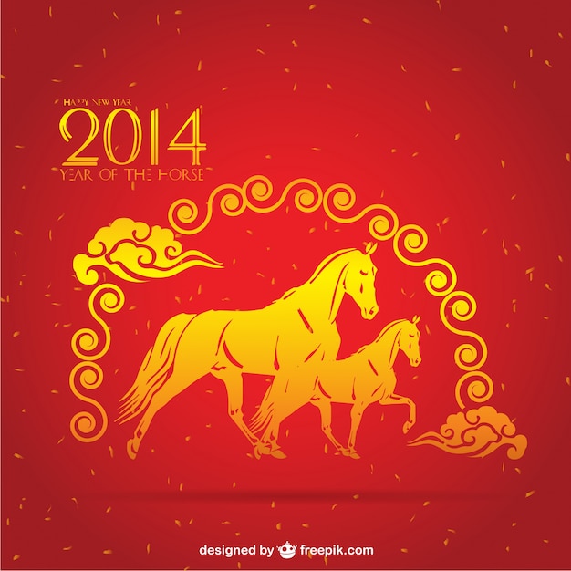 Chinese yellow horses in red background 