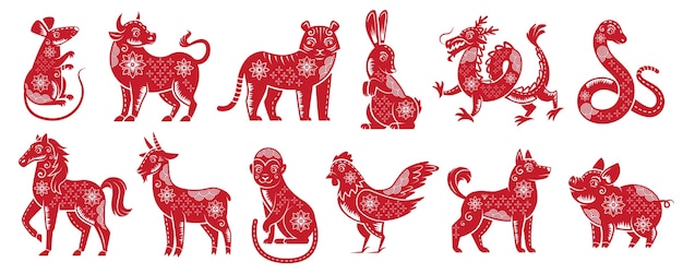 Chinese Zodiac New Year signs. Traditional china horoscope animals, red zodiacs silhouette