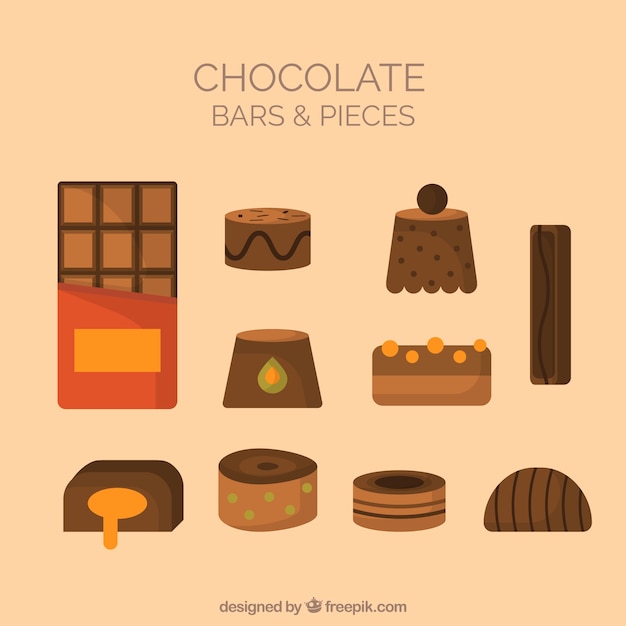 Chocolate bars and bonbons with different flavors