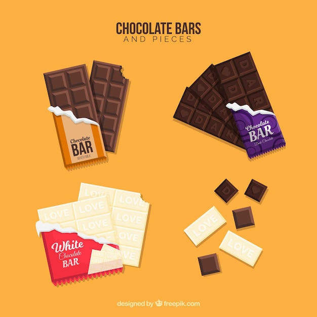 Chocolate bars and pieces collection with different shapes and flavors