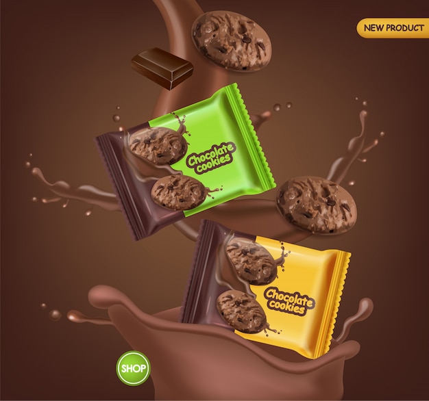 Chocolate cookies realistic mock up. Delicious dessert falling cookies with chocolate splash. 3d detailed product package. label design posters