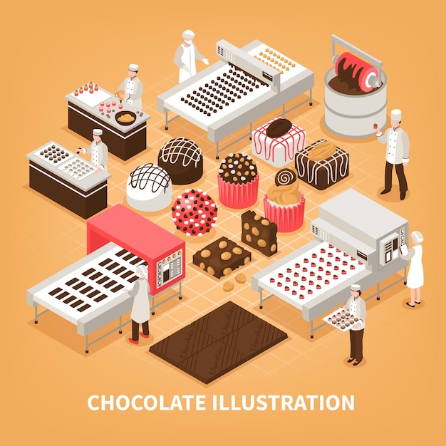 Free Vector chocolate manufacture  with people controlling production process and set of handmade ed sweet goods