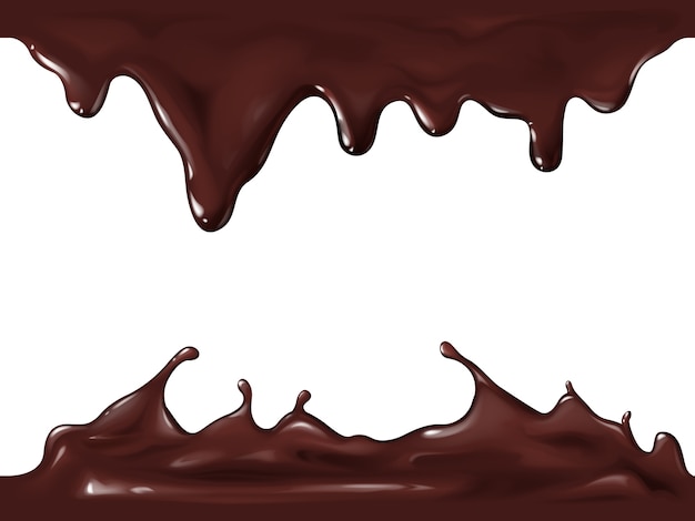 Free vector chocolate seamless illustration of realistic 3d splash and flow drops of dark or milk chocolate