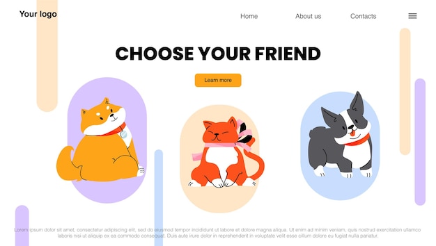 Choose your friend landing page Home pets cats and dogs adoption zoo market presentation of cute korgi and shiba inu puppies Petcare and love to animals concept Linear flat vector web banner