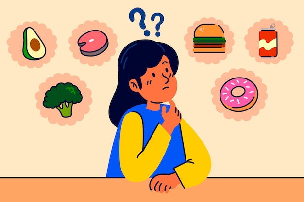 Free Vector choosing between healthy and junk food woman character