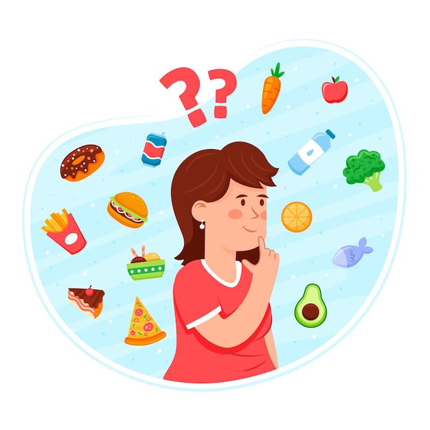 Free Vector choosing between healthy or unhealthy food with woman thinking