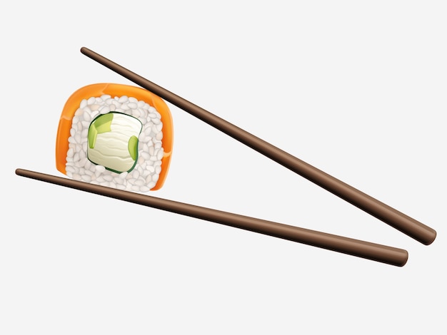 Chopsticks holding sushi roll isolated