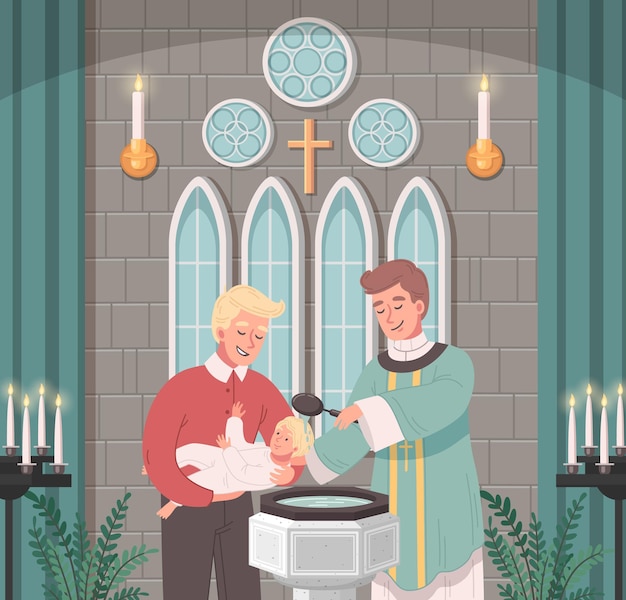 Free vector christian church cartoon scene with priest baptising baby boy vector illustration